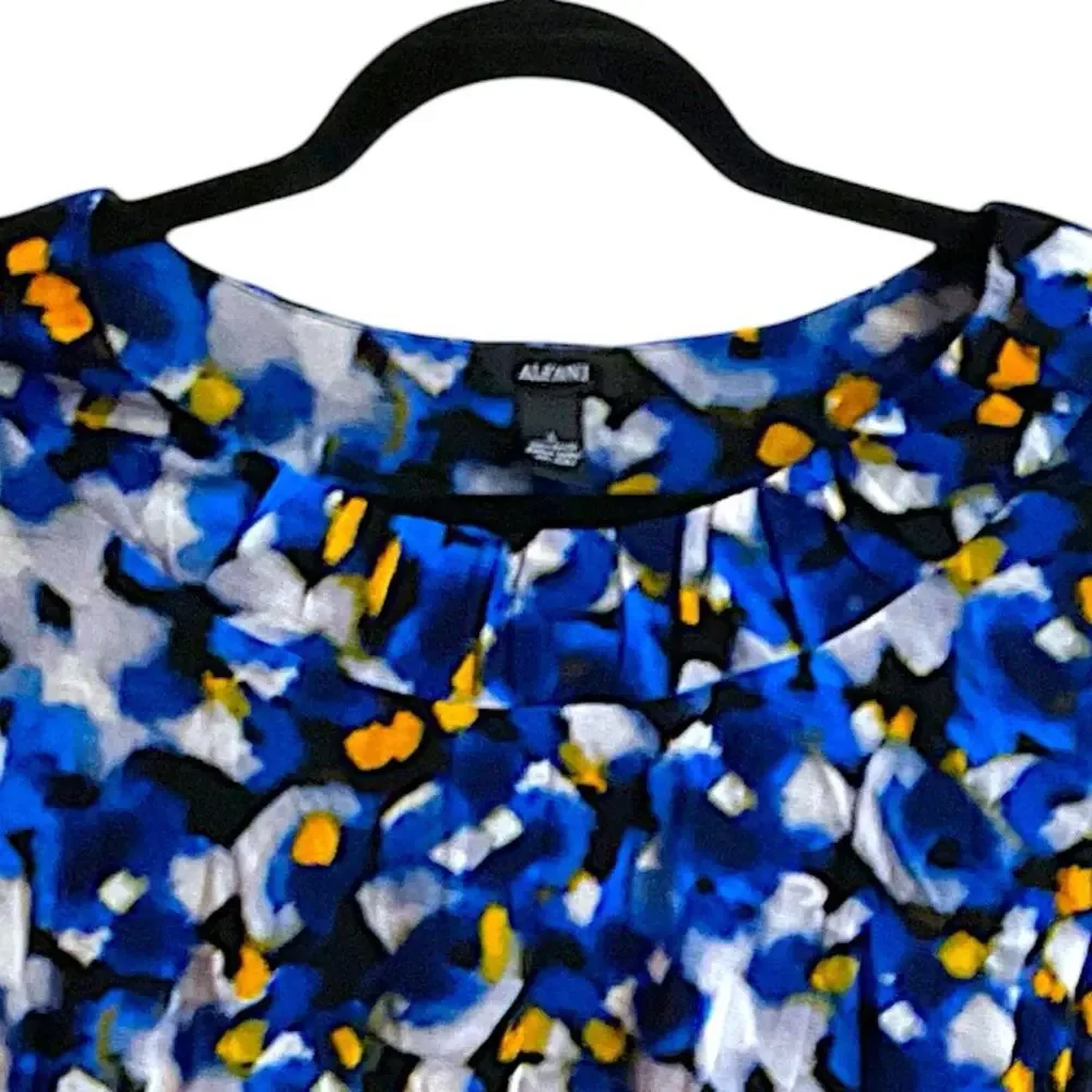 ALFANI Blue‎ Abstract Floral Print 3/4 Sleeve Tunic Blouse Sz L Pleated Neckline